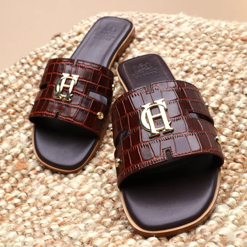 Holland Cooper Monogram Sliders Ladies Sandals - Chocolate Croc