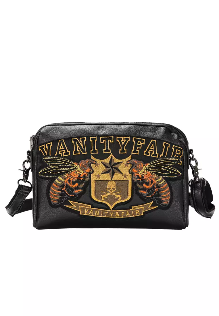 Lara Men's Shoulder Bag with Embroidery Pattern - Black