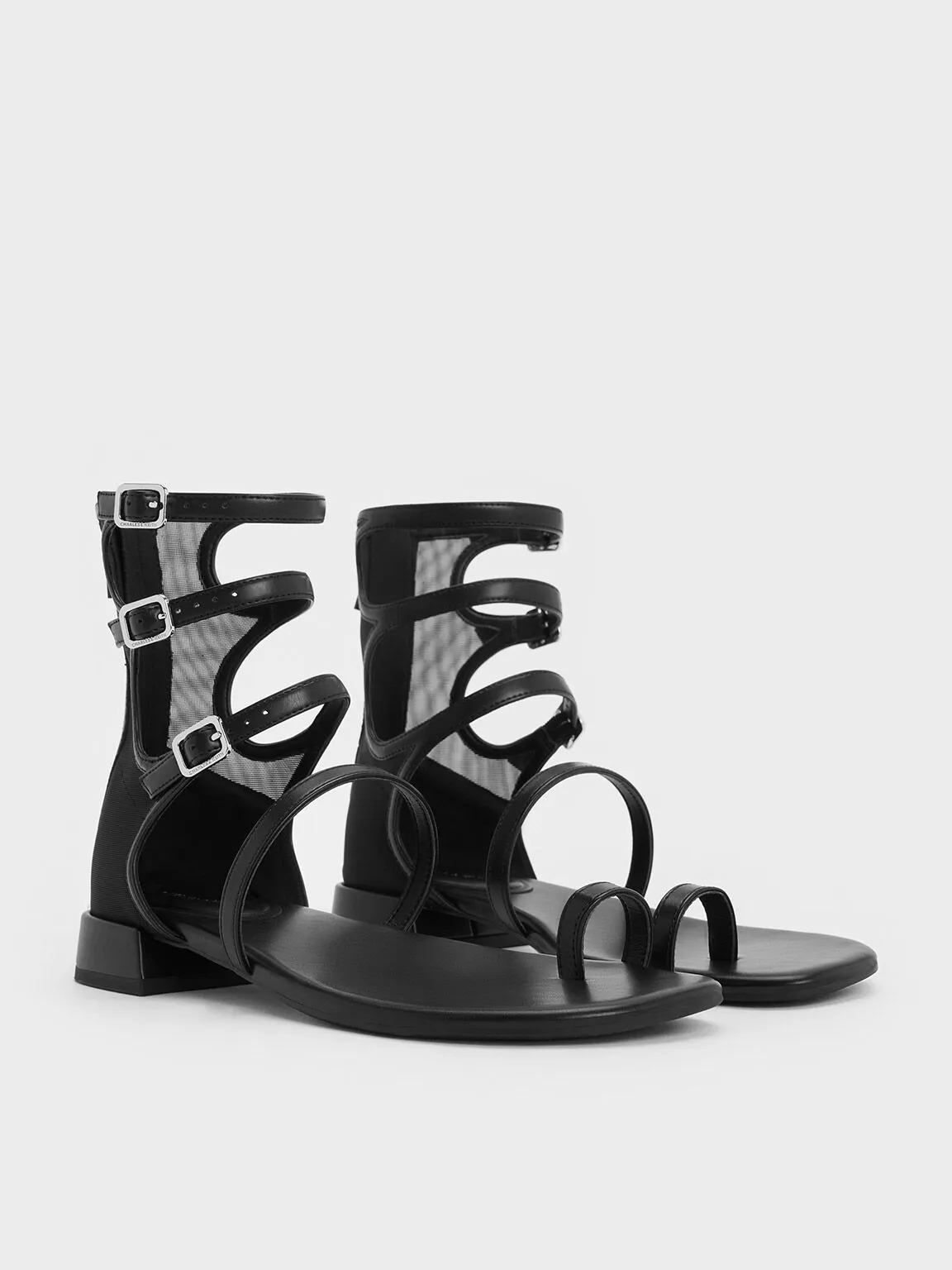 Lyric Mesh Gladiator Toe-Ring Sandals - Black Textured