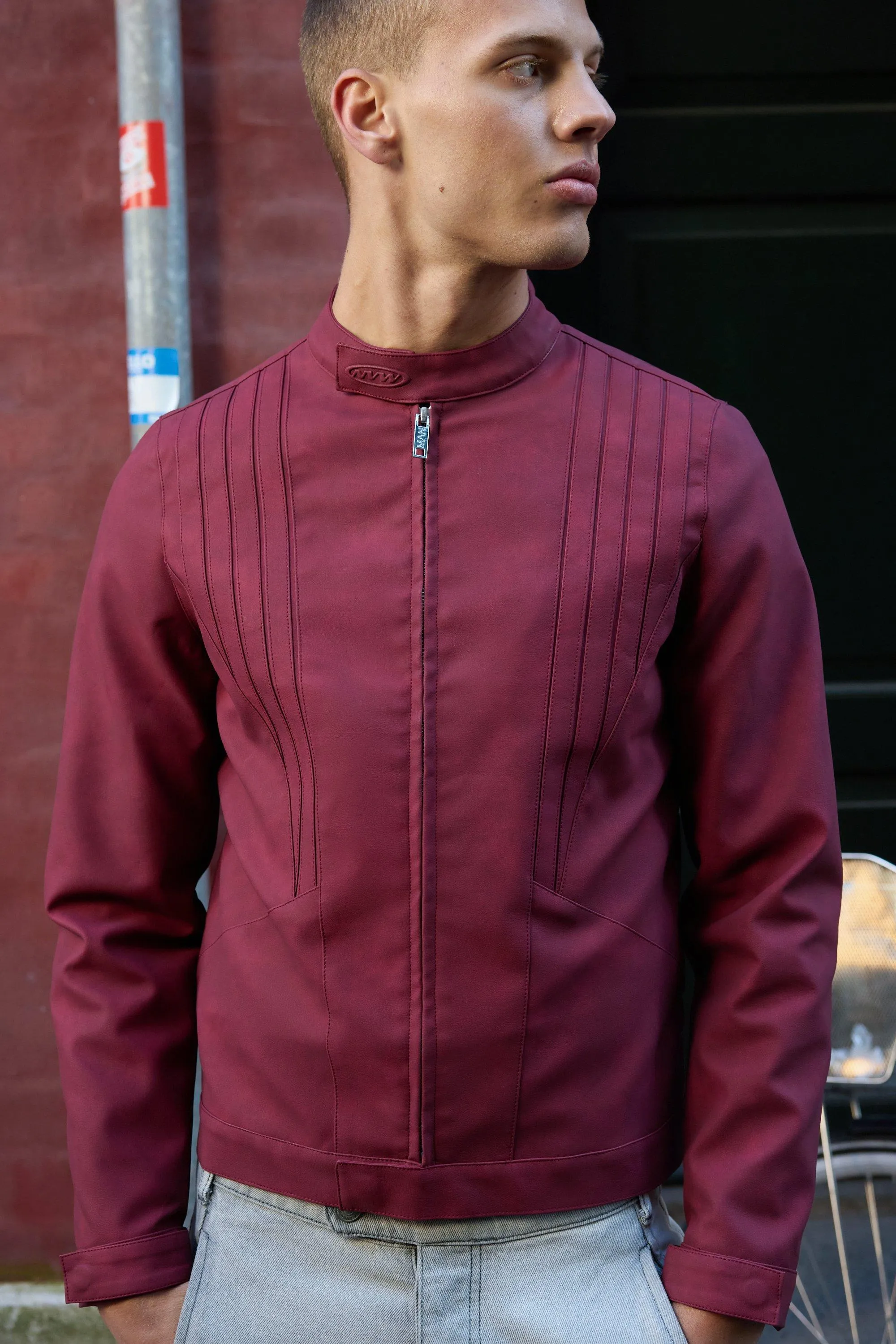 Man Washed PU Tonal Biker Jacket In Burgundy