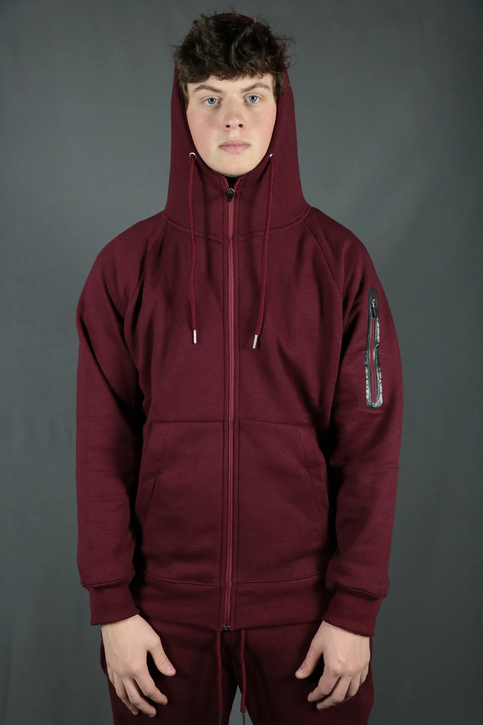 Maroon Unbasic Fleece Stash Pocket Sunset Park Tapered Zipper Hoodie | Fleece Dark Red Hoodie