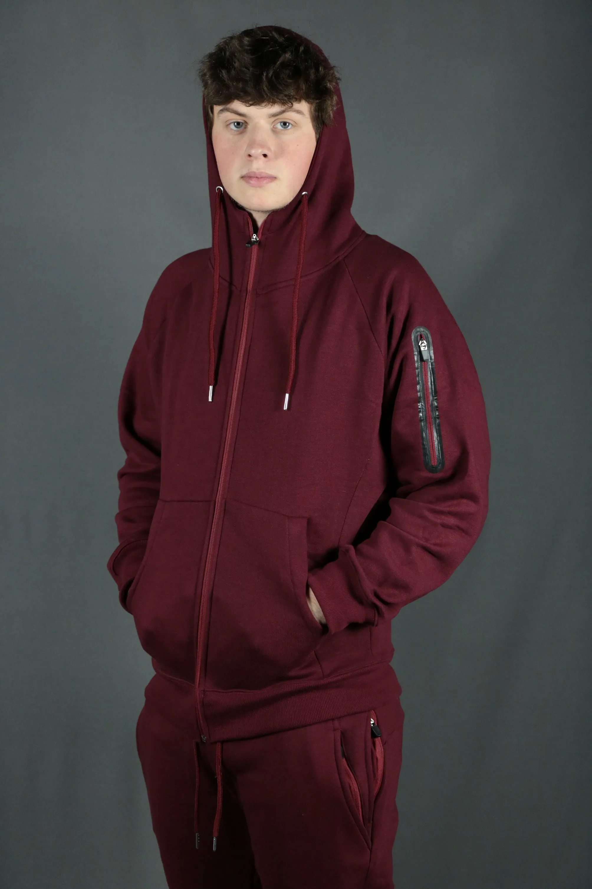 Maroon Unbasic Fleece Stash Pocket Sunset Park Tapered Zipper Hoodie | Fleece Dark Red Hoodie