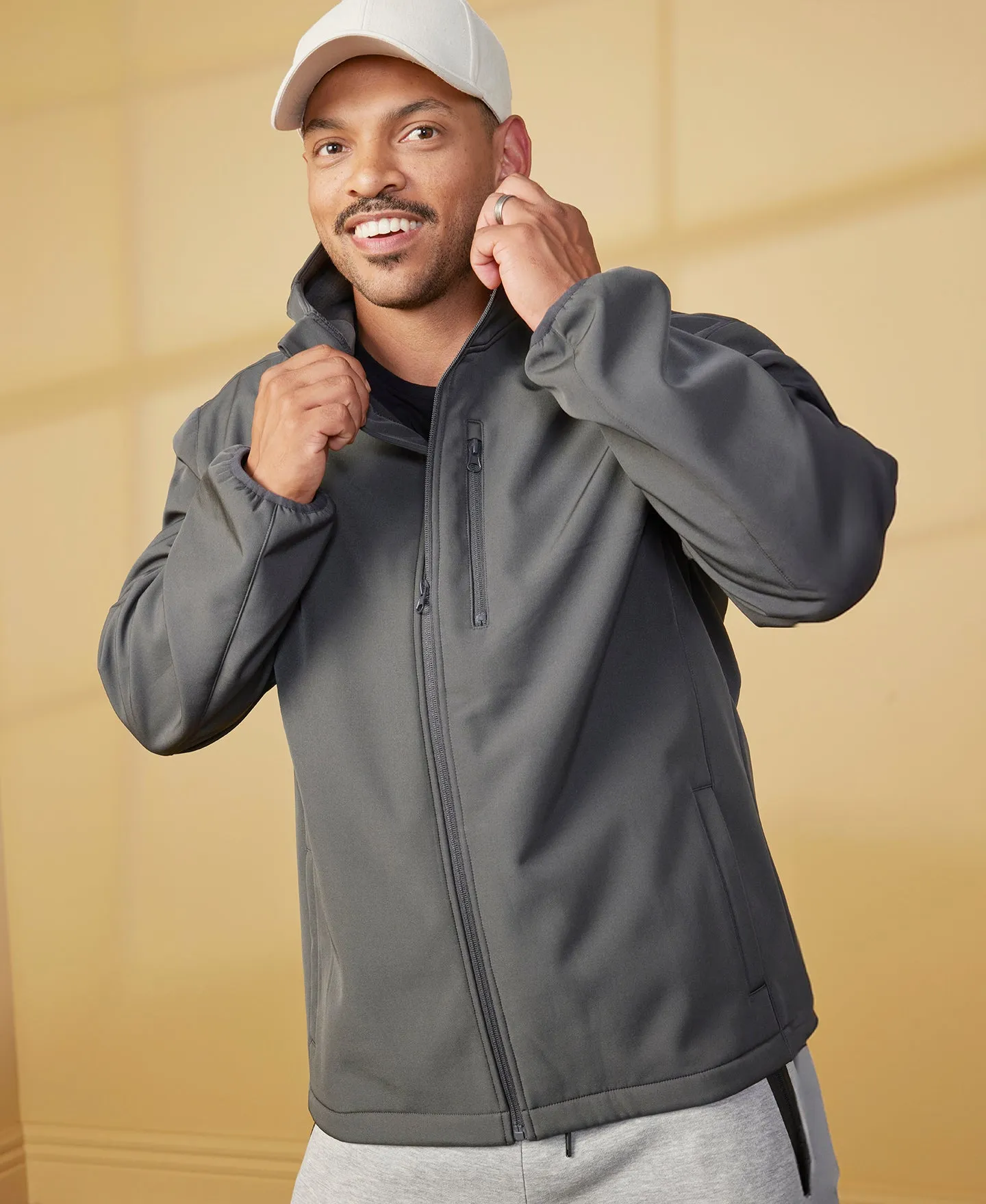 Men's Active Soft Shell Bonded Hooded Jacket in Dark Charcoal | Postie