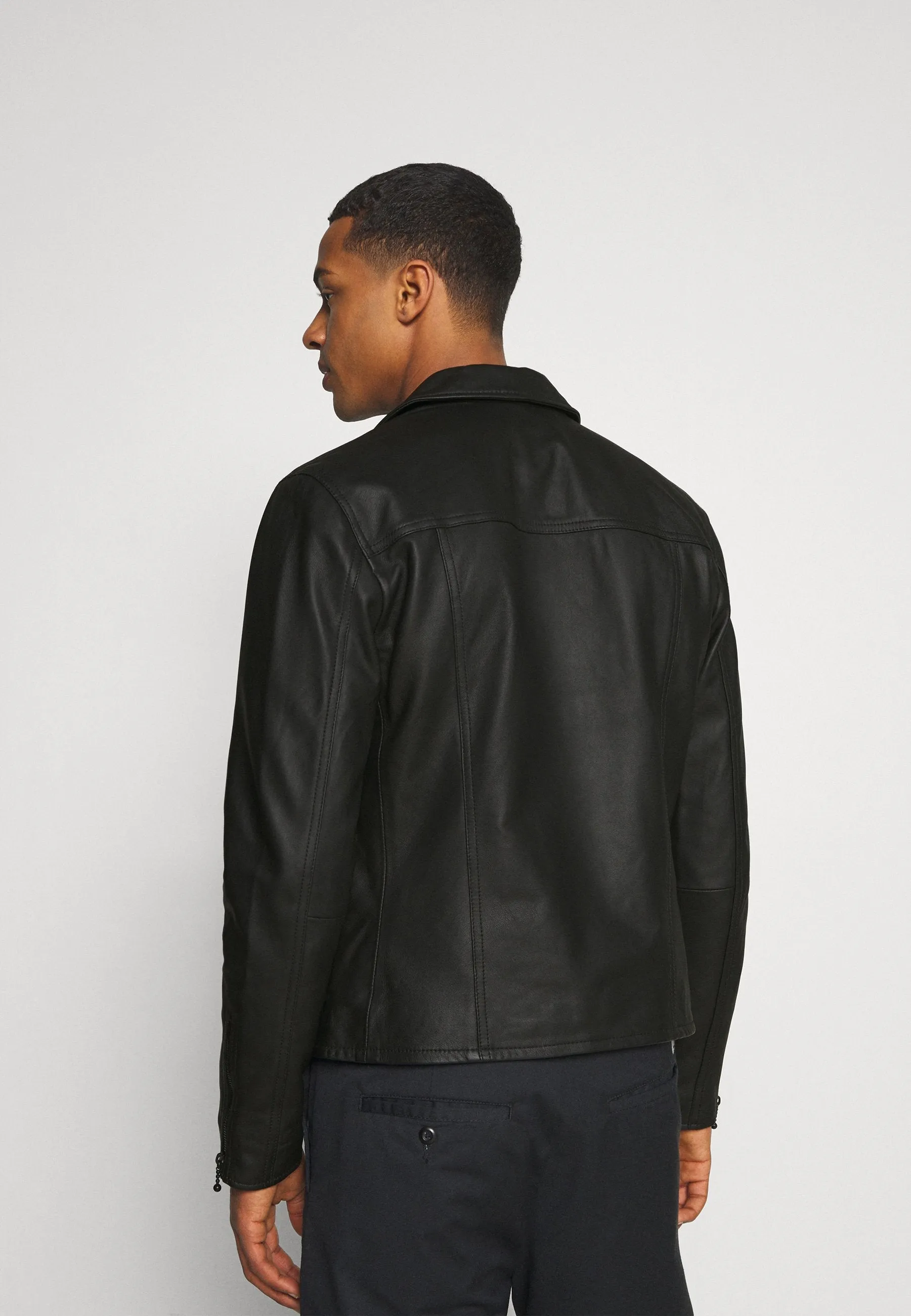 Men's Black Leather Biker Jacket with Black Zippers