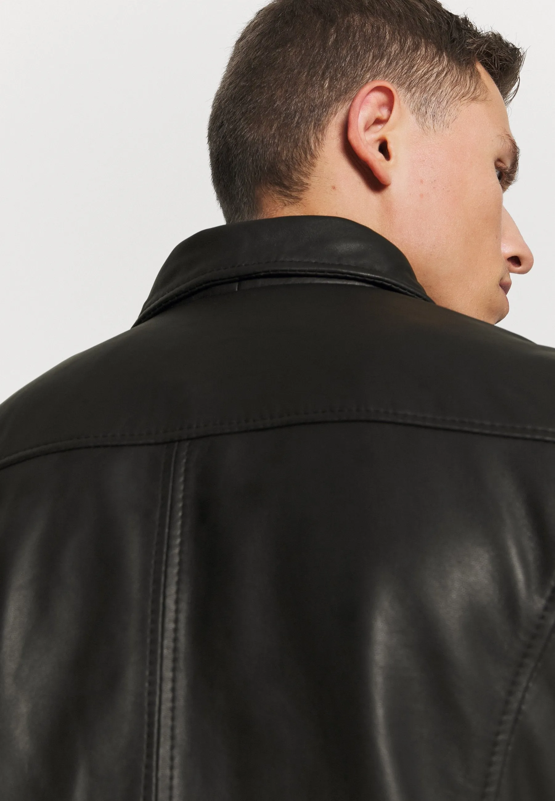 Men's Black Leather Biker Jacket with Black Zippers