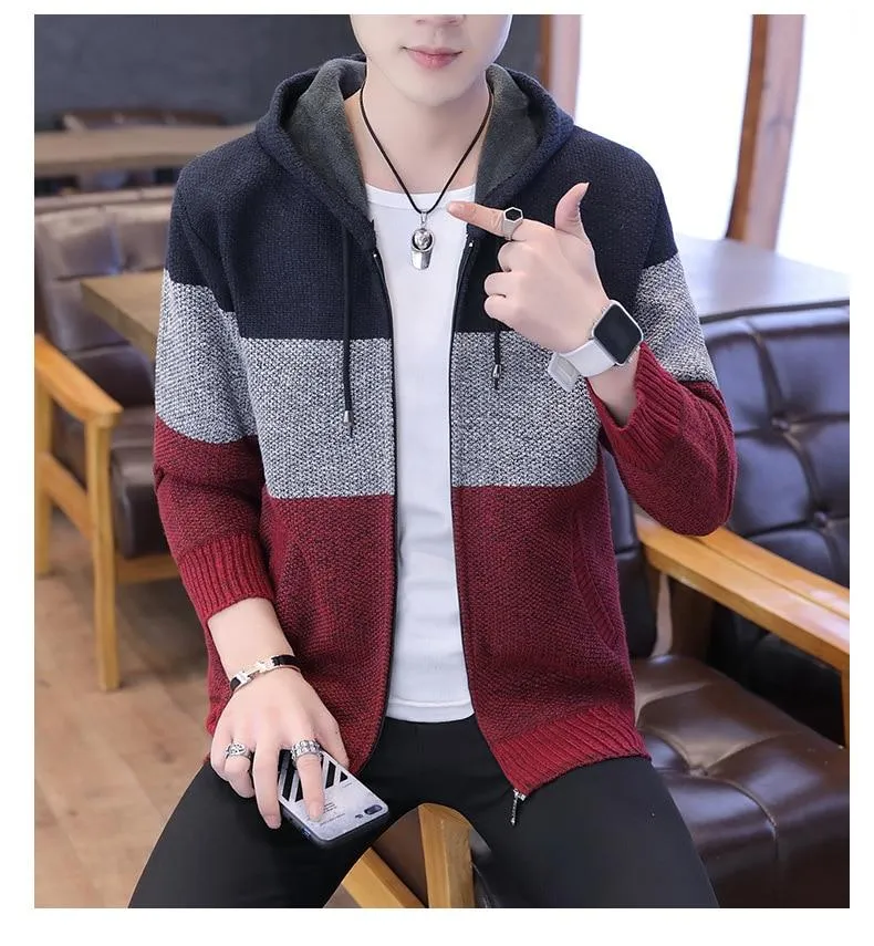 Men's Casual Style Korean Fleece Knitted Striped Hooded Cardigan Coat