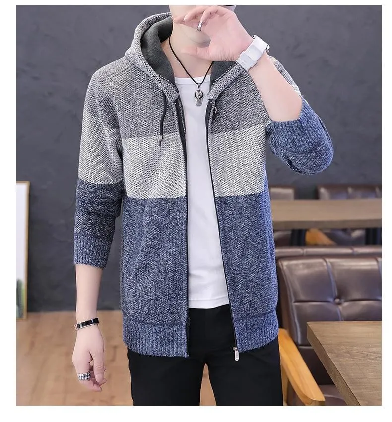 Men's Casual Style Korean Fleece Knitted Striped Hooded Cardigan Coat