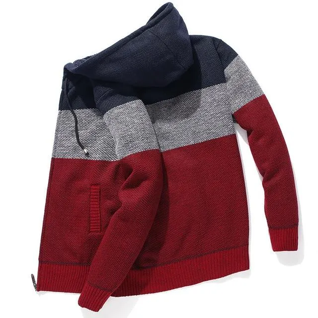 Men's Casual Style Korean Fleece Knitted Striped Hooded Cardigan Coat