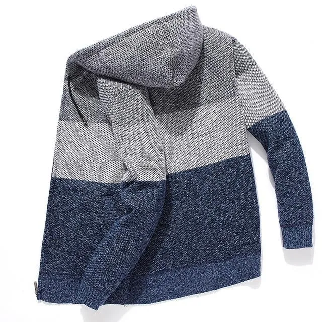 Men's Casual Style Korean Fleece Knitted Striped Hooded Cardigan Coat