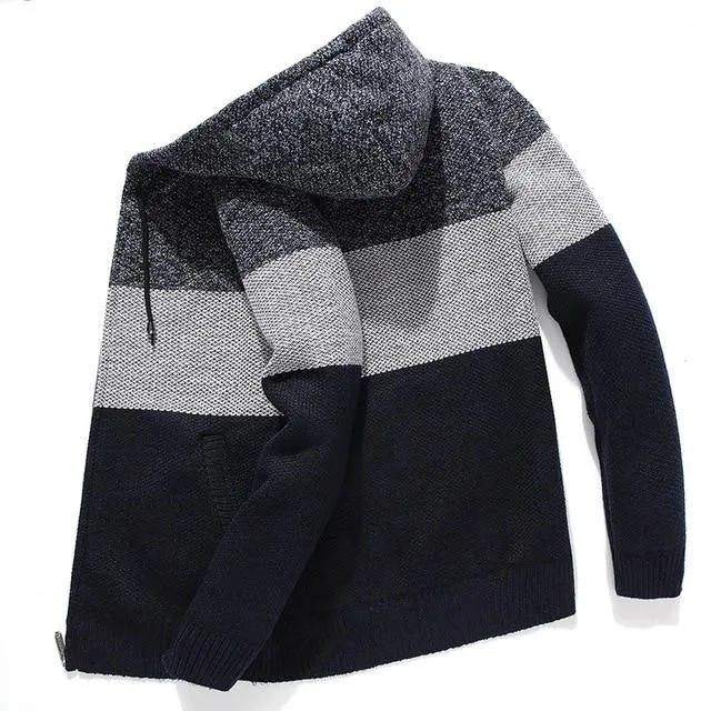 Men's Casual Style Korean Fleece Knitted Striped Hooded Cardigan Coat