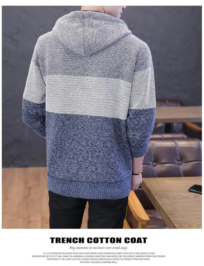 Men's Casual Style Korean Fleece Knitted Striped Hooded Cardigan Coat