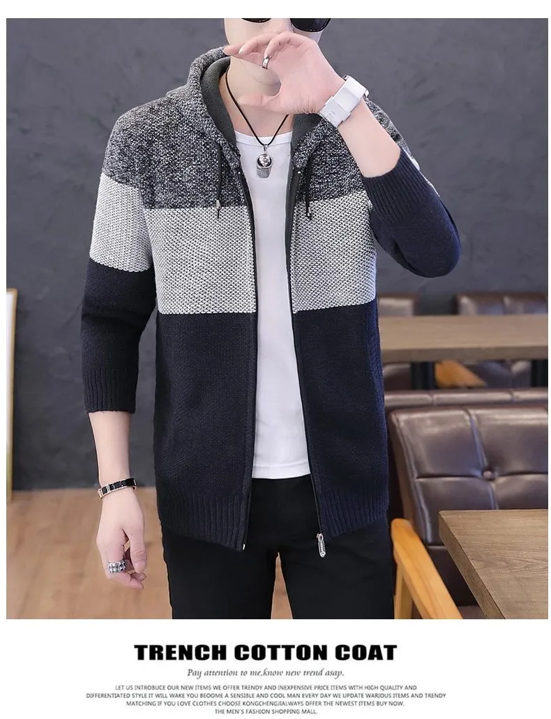 Men's Casual Style Korean Fleece Knitted Striped Hooded Cardigan Coat