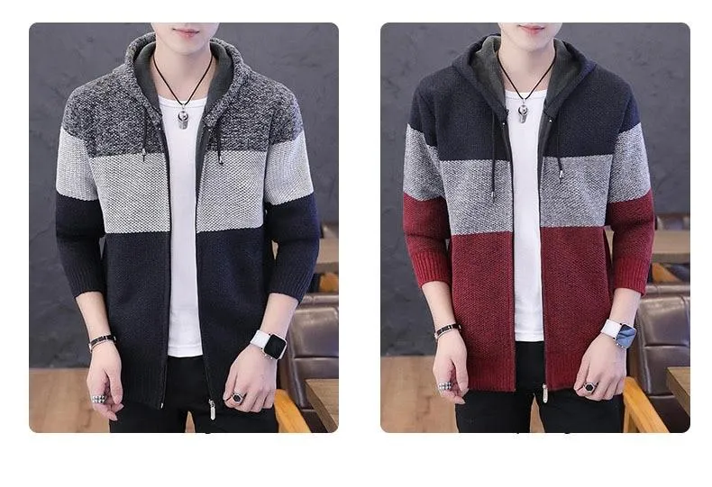 Men's Casual Style Korean Fleece Knitted Striped Hooded Cardigan Coat