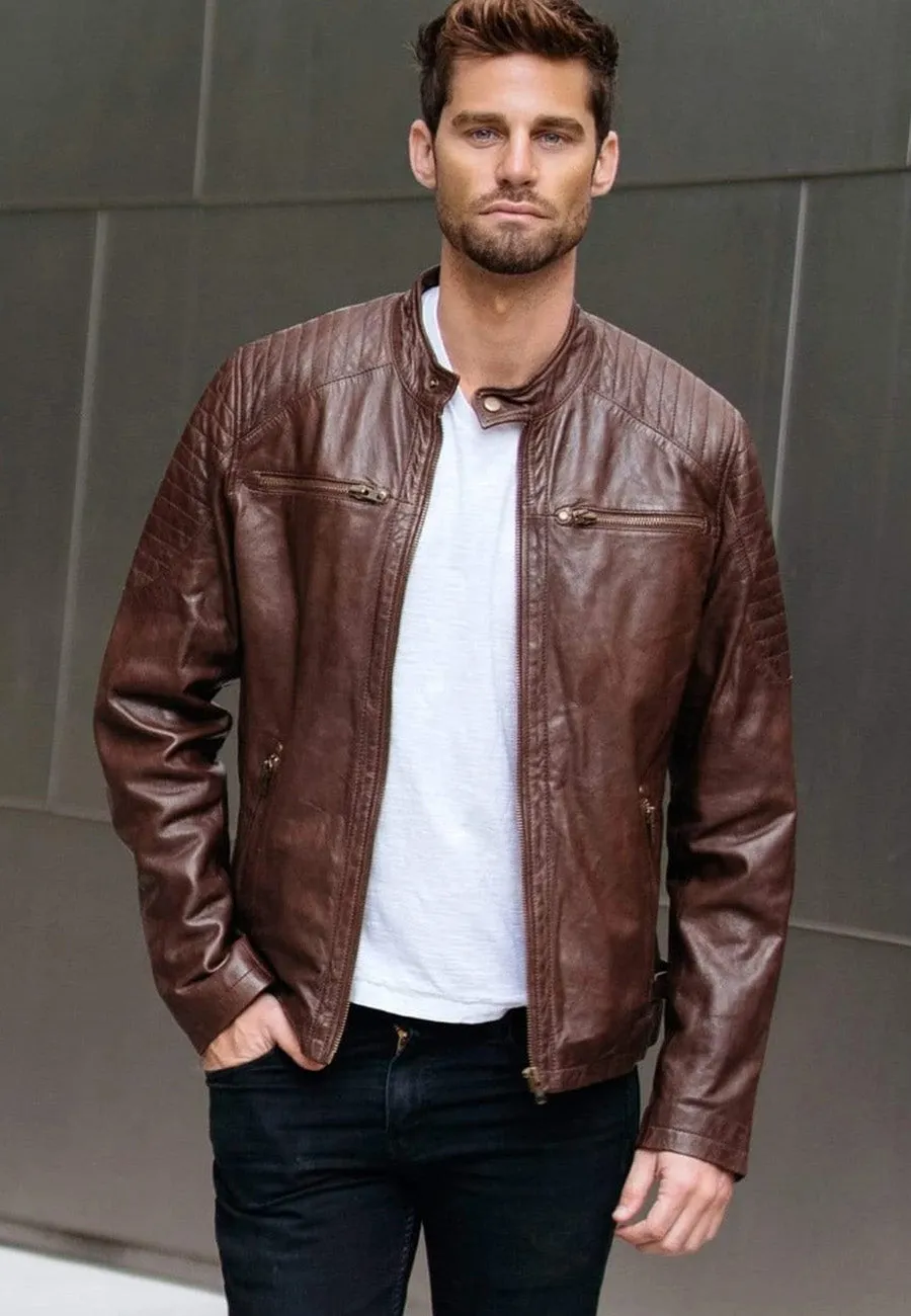 Men’s Maroon Leather Biker Jacket Crew Neck