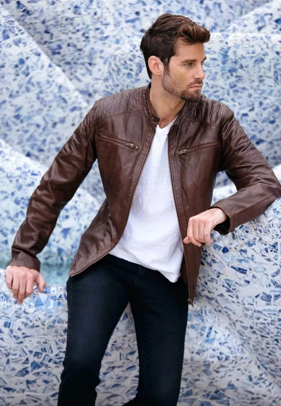 Men’s Maroon Leather Biker Jacket Crew Neck