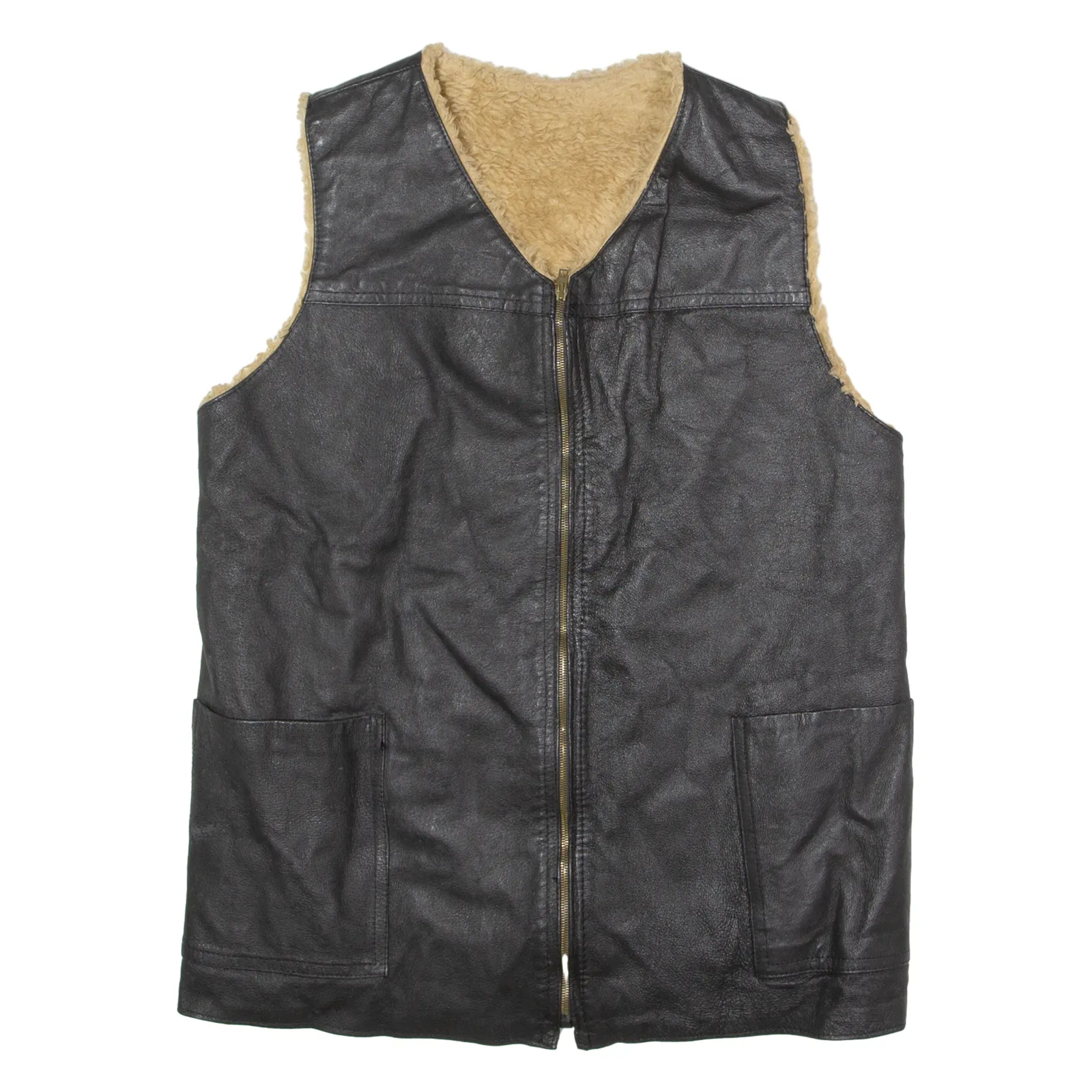 Mens Waistcoat Black Shearling 80s XL