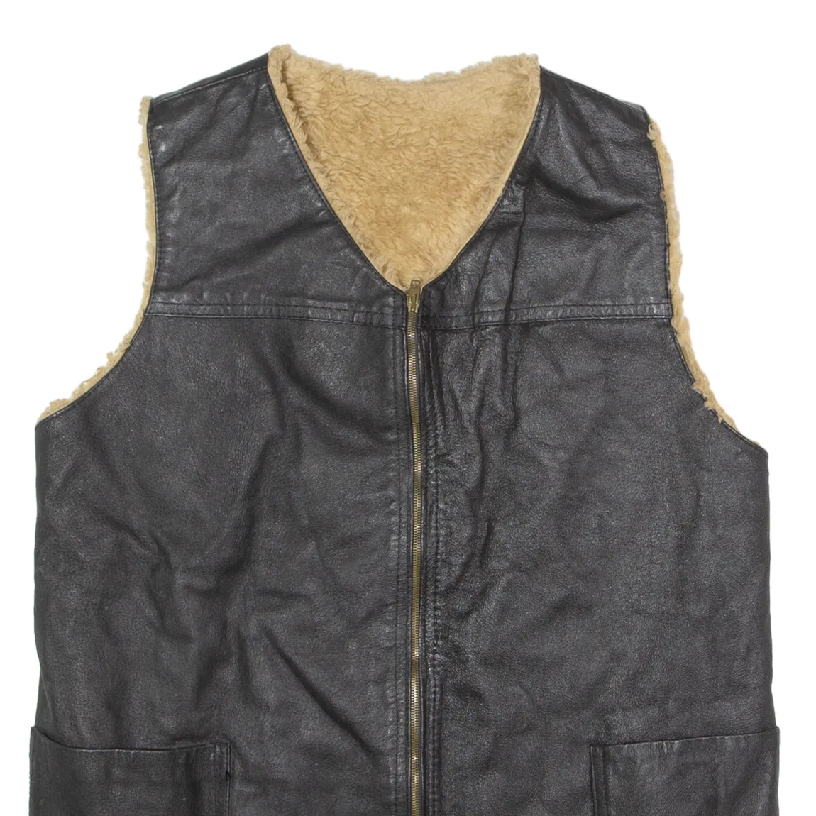 Mens Waistcoat Black Shearling 80s XL