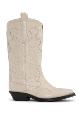 Mid Shaft Embroidered Western Boot - Egret