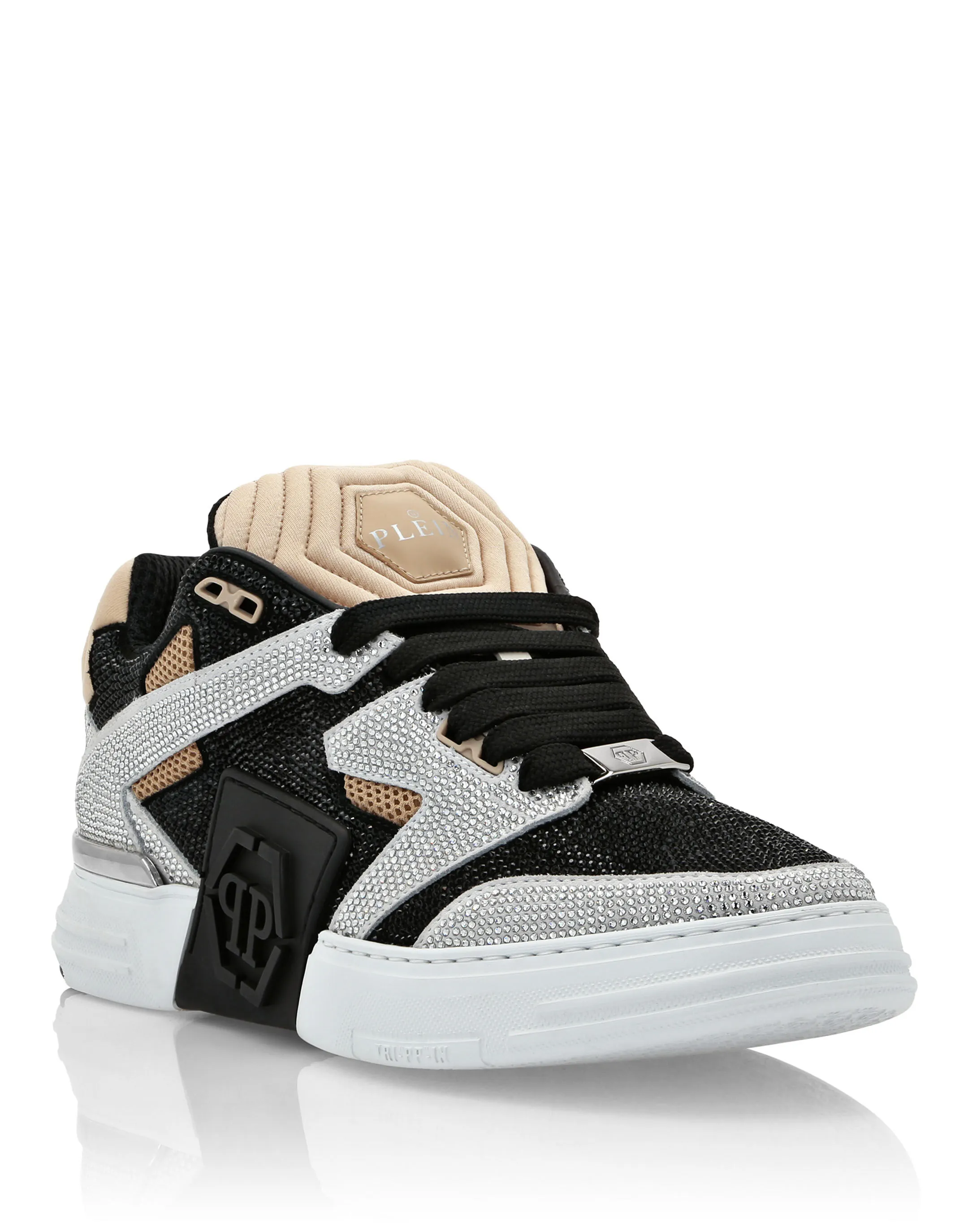 Mix Leather Lo-Top Sneakers Strass