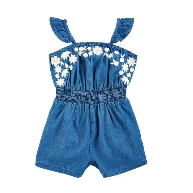 Mud Pie - Toddler Girl Embroidered Denim Romper, 2T