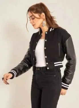 New Women's Black Wool & Leather Cropped Varsity Moto Biker Jacket