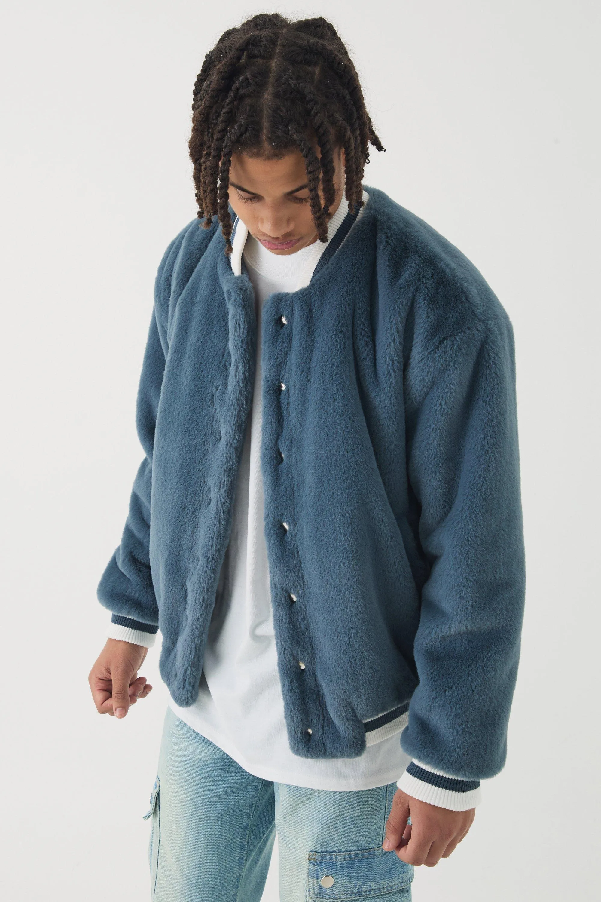 Official Faux Fur Bomber Jacket In Blue