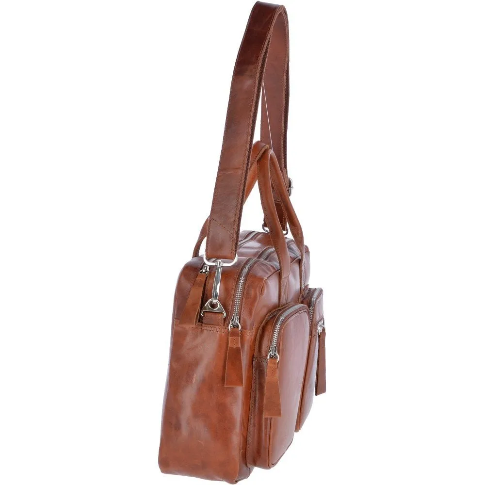 Oily Tan Large Leather Dual Compartment Laptop Bag