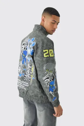 Oversized Graphic Badge Washed PU Bomber Jacket In Charcoal