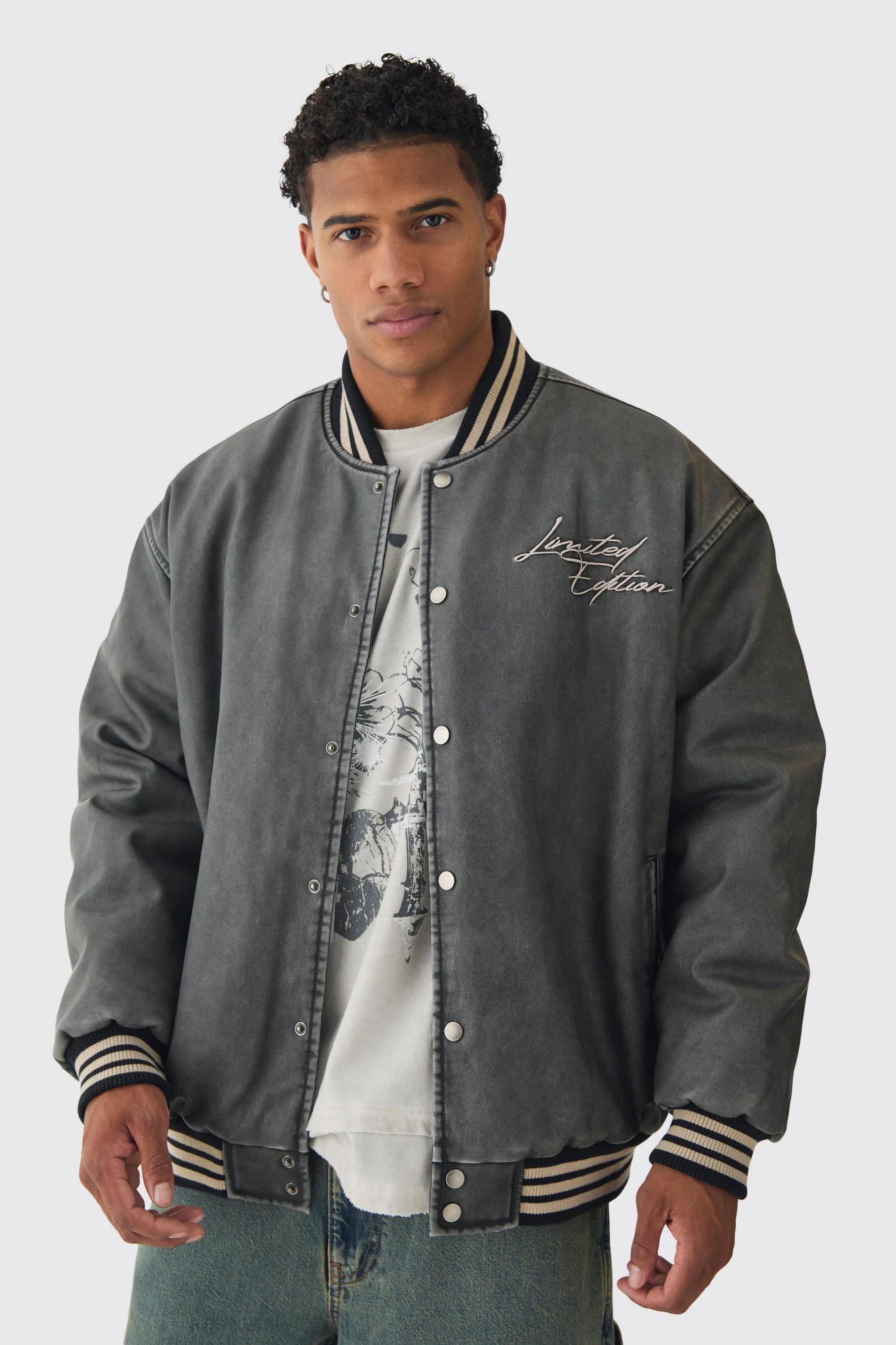 Oversized Limited Embroidered Washed PU Bomber Jacket In Grey