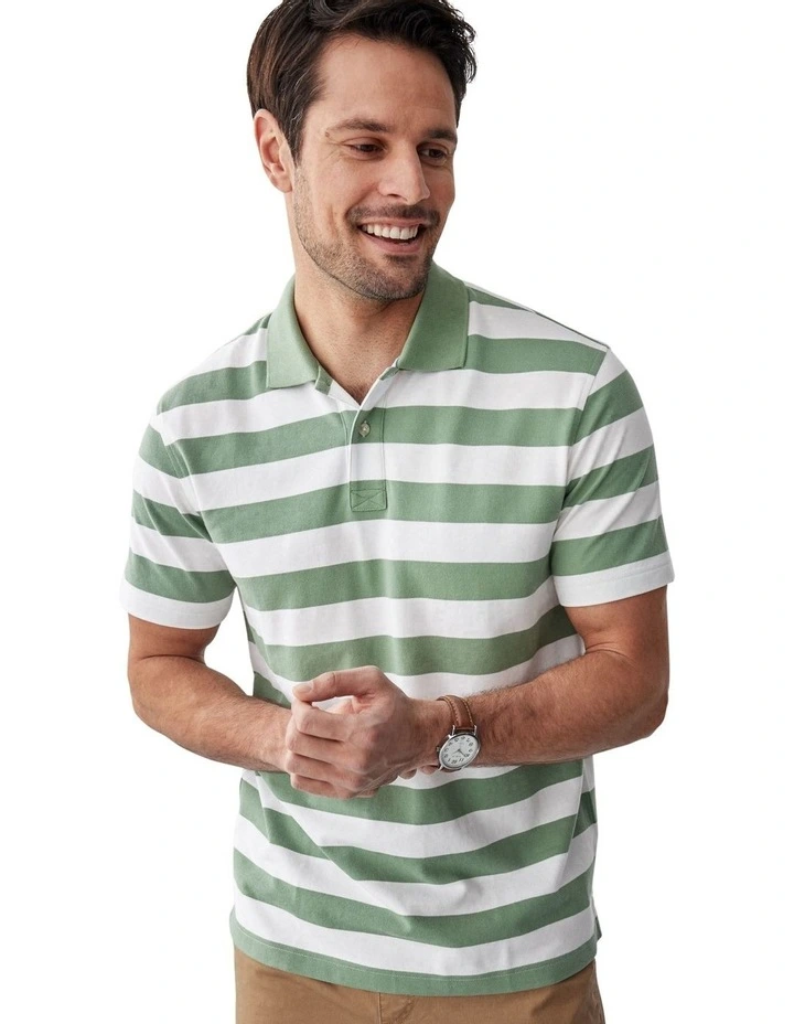 Oxford Block Stripe Polo in Moss