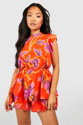 Petite Floral High Neck Frill Detail Belted Romper