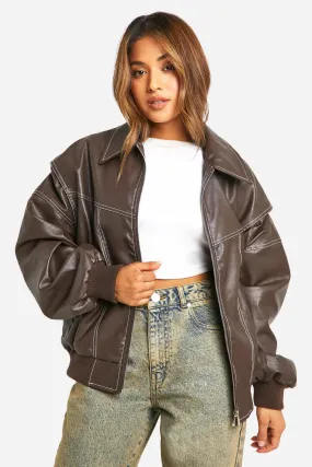 Petite Pu Contrast Stitch Oversized Bomber Jacket