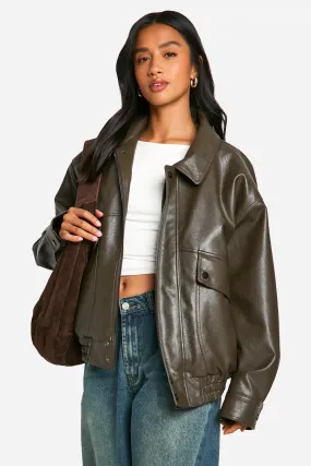 Petite Teddy Lined Faux Leather Oversized Bomber Jacket