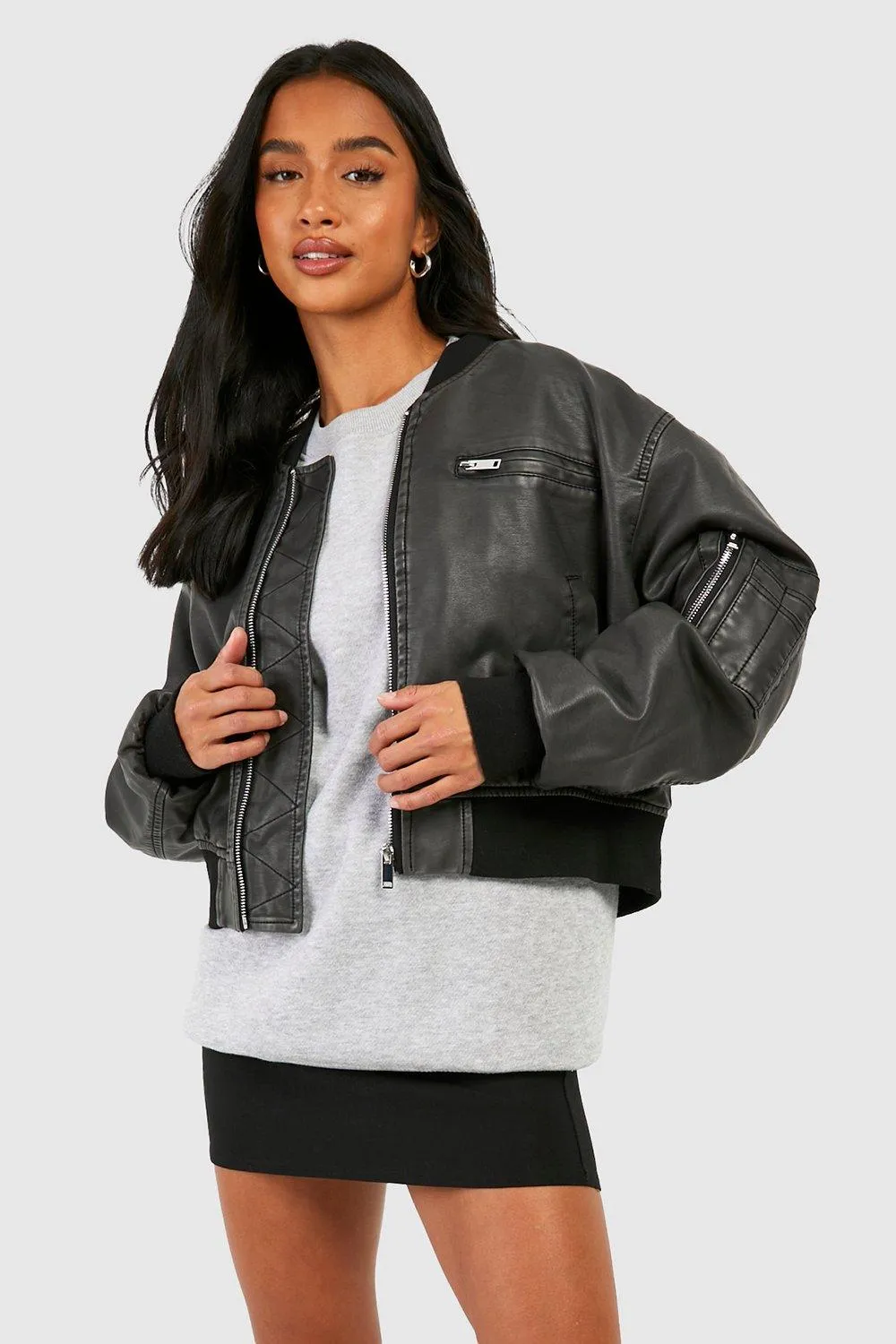 Petite Vintage Faux Leather Pocket Detail Bomber Jacket