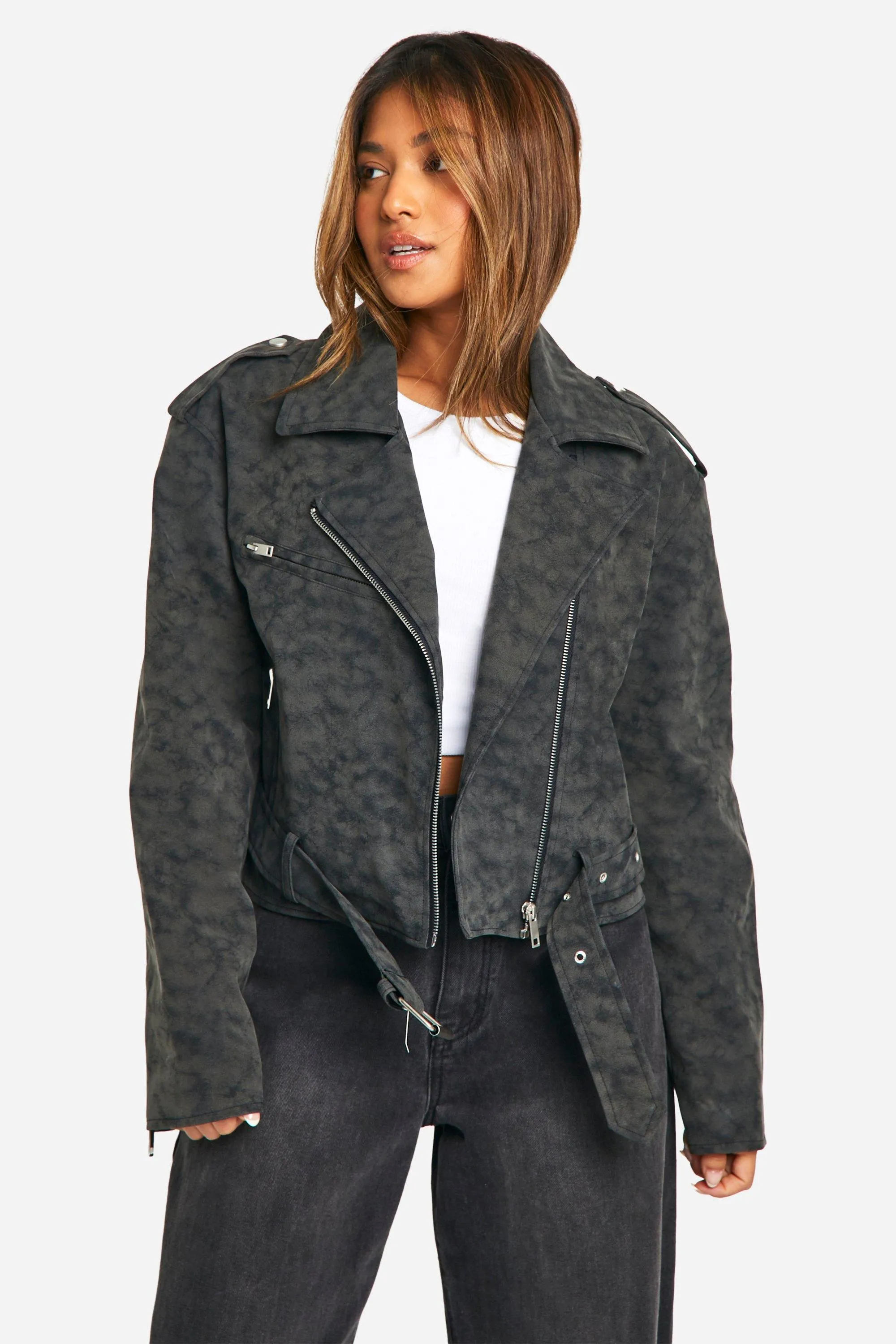 Petite Vintage Look Faux Leather Biker Jacket