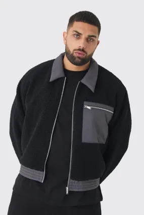 Plus Boxy Borg And Nylon Collared Bomber Jacket In Black