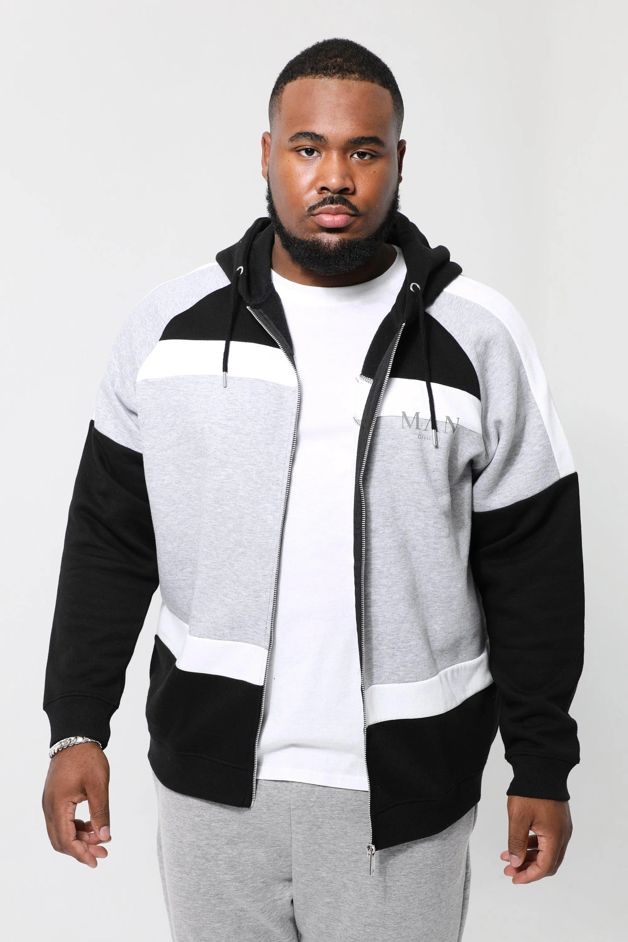 Plus Roman Man Colour Block Zip Through Hoodie | boohooMAN UK