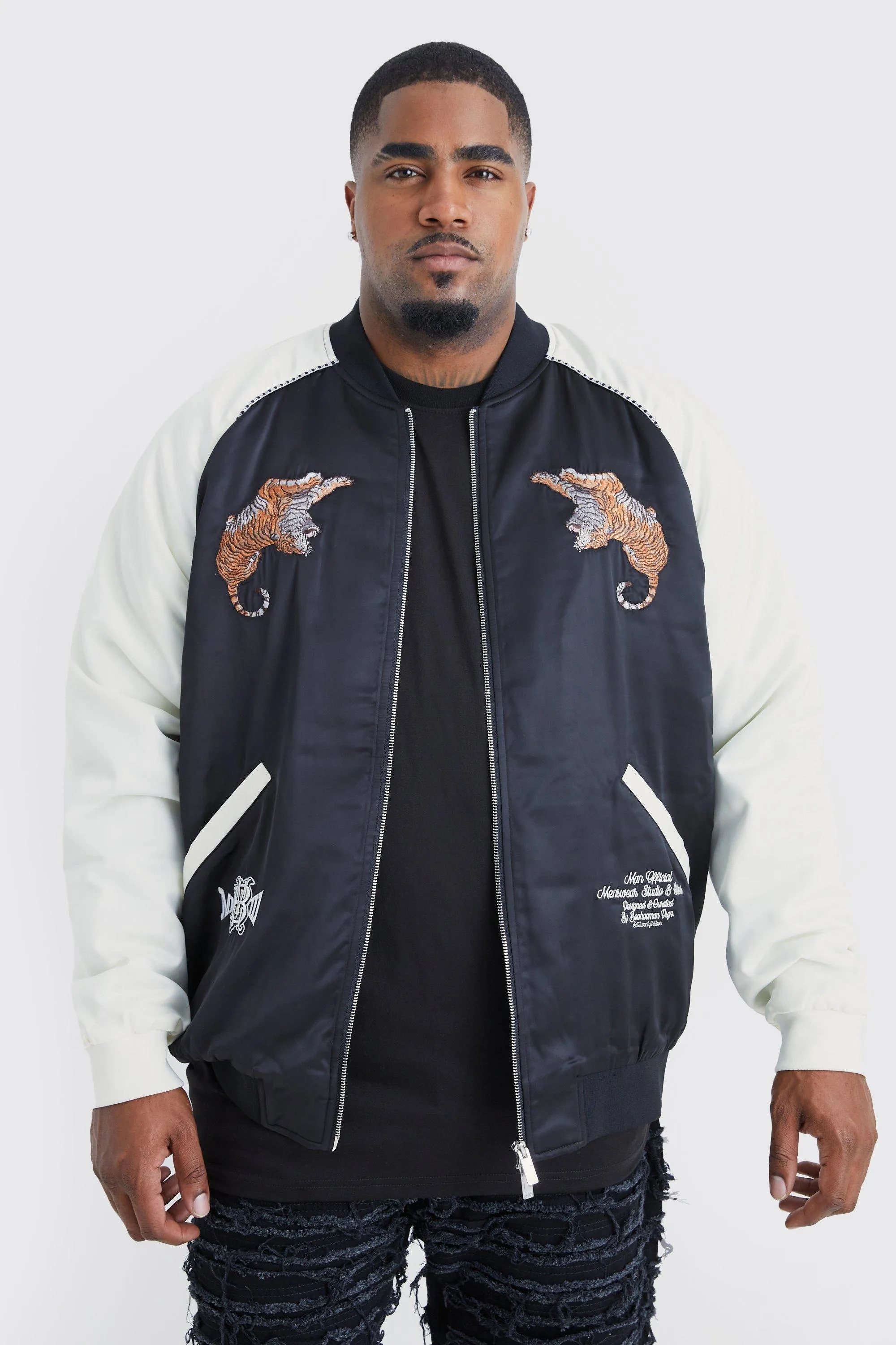 Plus Satin Souvenir Bomber With Embroidery