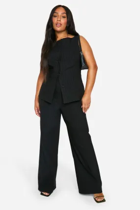 Plus Stripe Super Stretch Fitted Long Line Vest & Wide Leg Pants