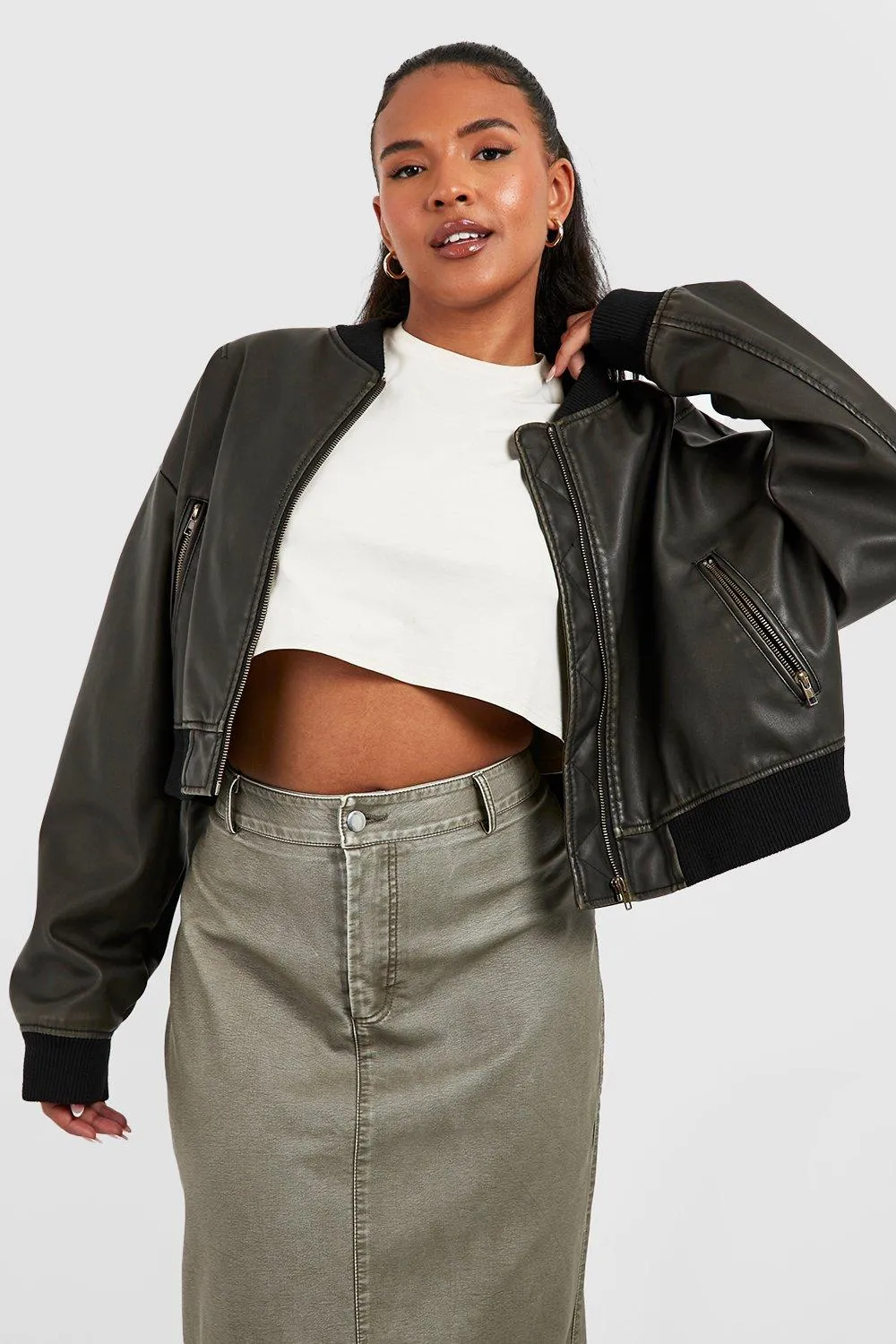 Plus Vintage Look Faux Leather Oversized Bomber Jacket