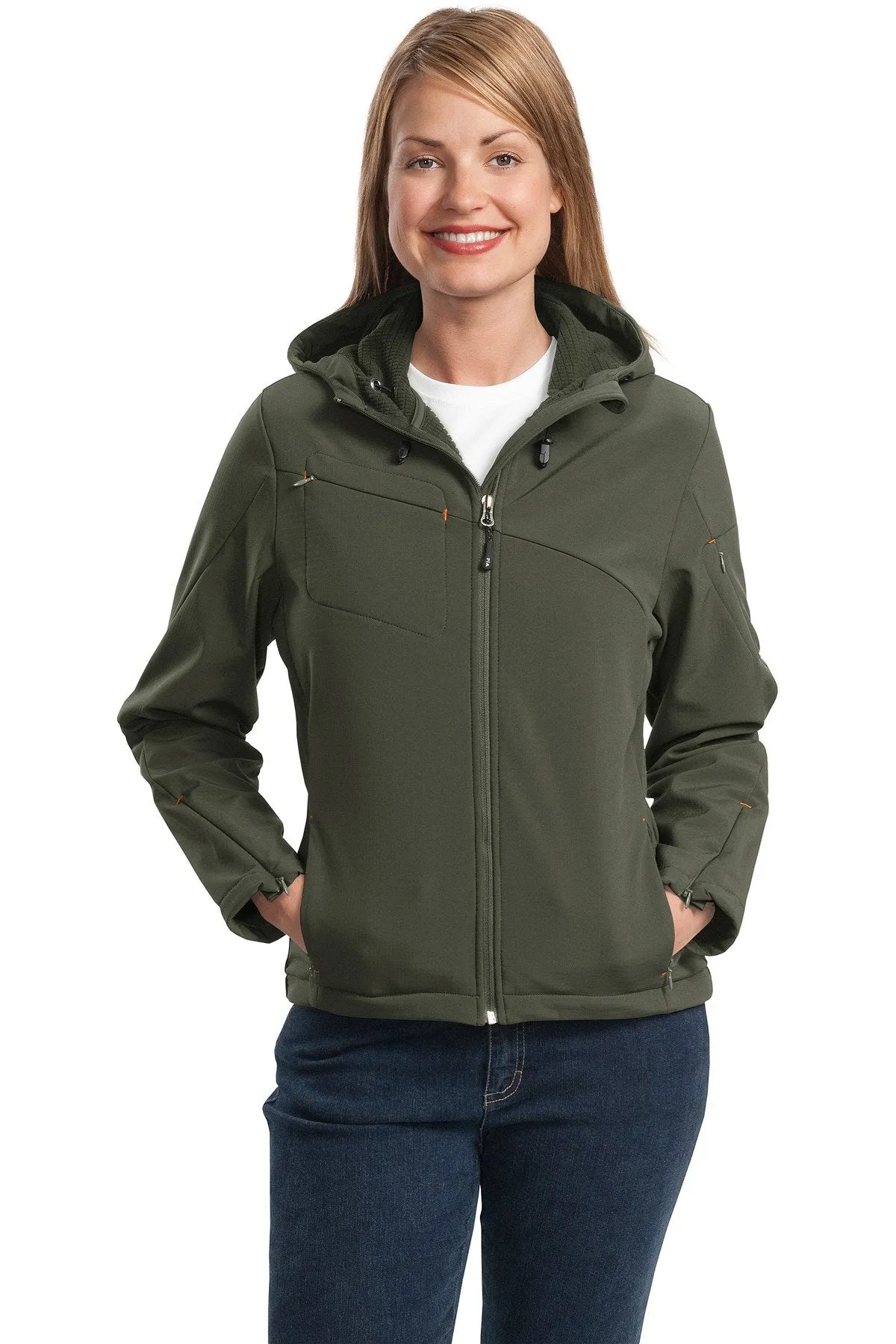 Port Authority Ladies Textured Hooded Soft Shell Jacket L706 Mineral Green/Soft Orange