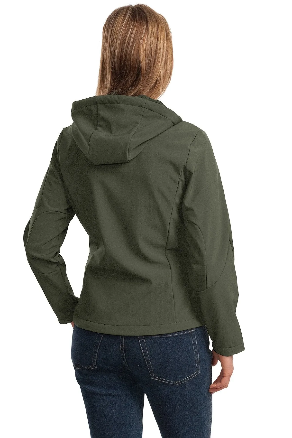 Port Authority Ladies Textured Hooded Soft Shell Jacket L706 Mineral Green/Soft Orange