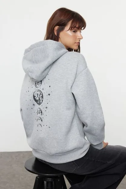 Printed Oversize Hooded Thick Fleece Knitted Sweatshirt