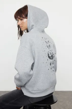 Printed Oversize Hooded Thick Fleece Knitted Sweatshirt