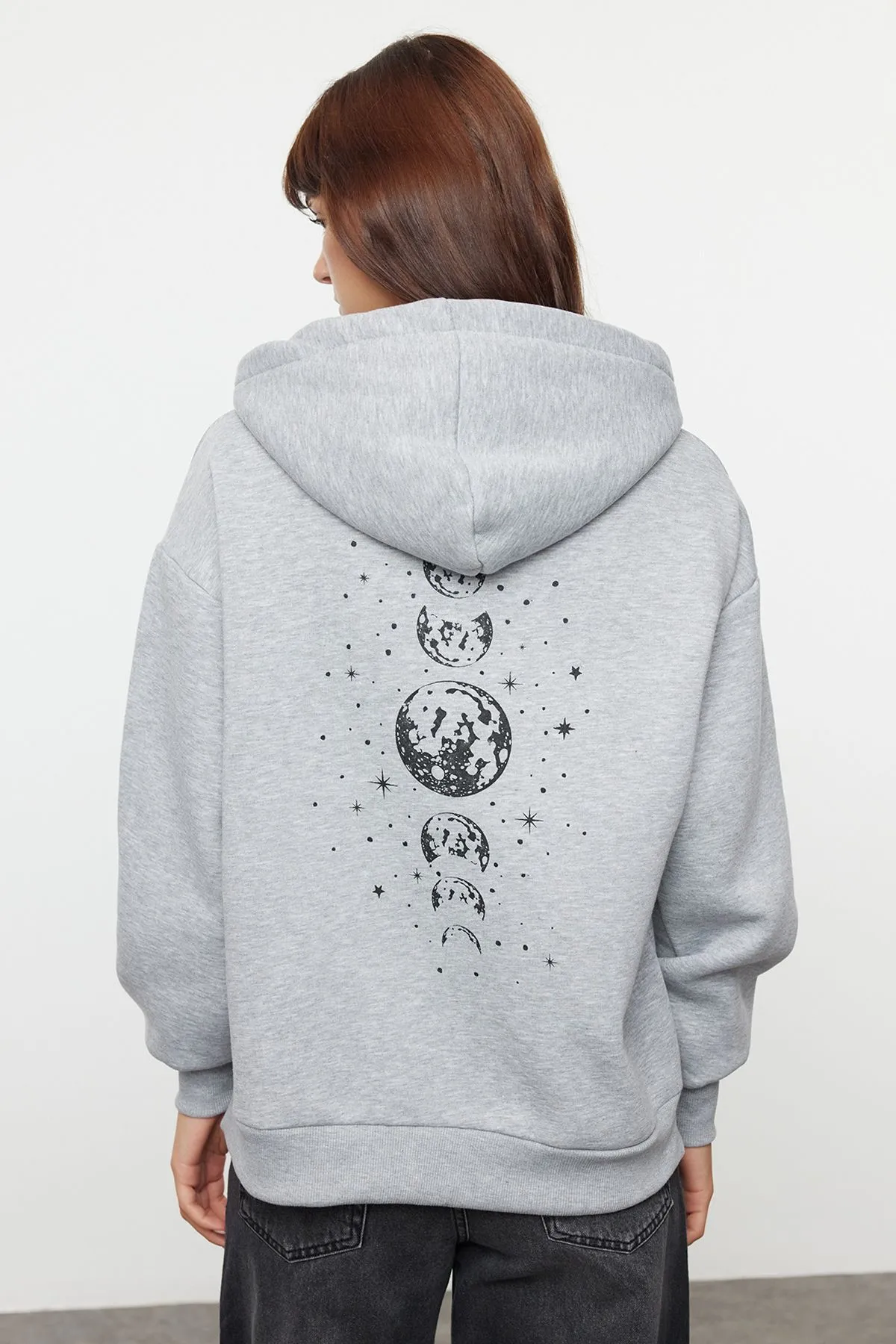 Printed Oversize Hooded Thick Fleece Knitted Sweatshirt