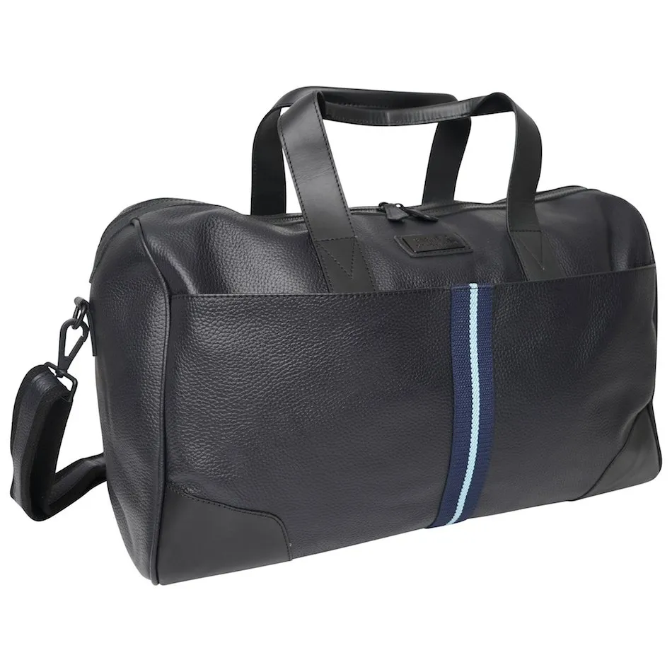 Real Leather Holdall Bag with Navy & Light Blue Stripe - Barneys Originals