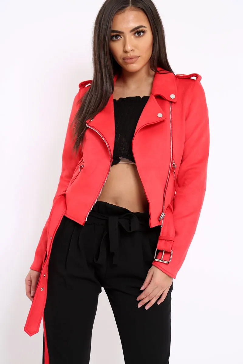 Red Suedette Biker Jacket with Waist Belt - Roxanne