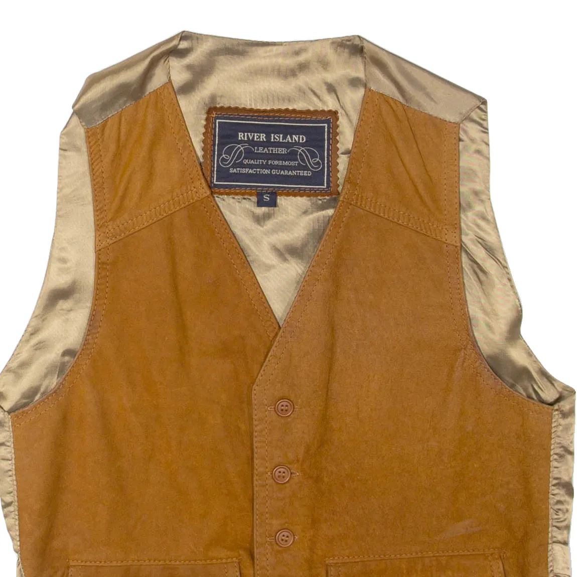 RIVER ISLAND Mens Waistcoat Brown Leather Faux Leather S