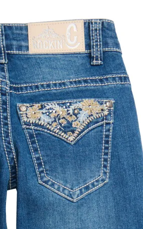 Rockin' C Girl's Light-Medium Wash Embroidered Floral Boot Cut Jeans