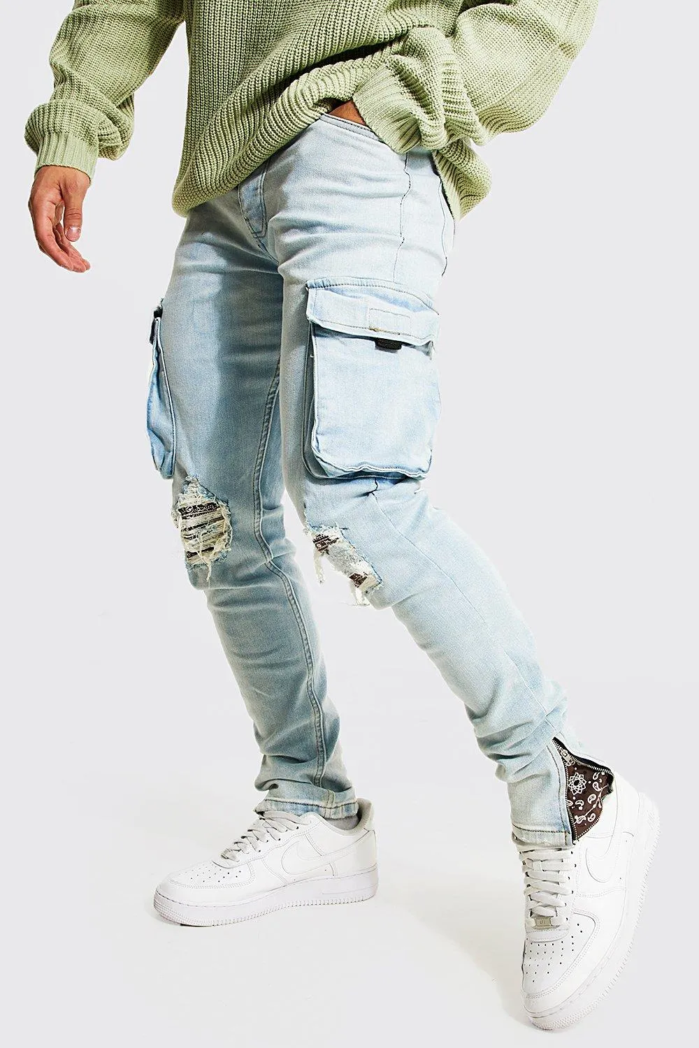 Skinny Stretch Rip & Repair Cargo Jeans | boohooMAN UK